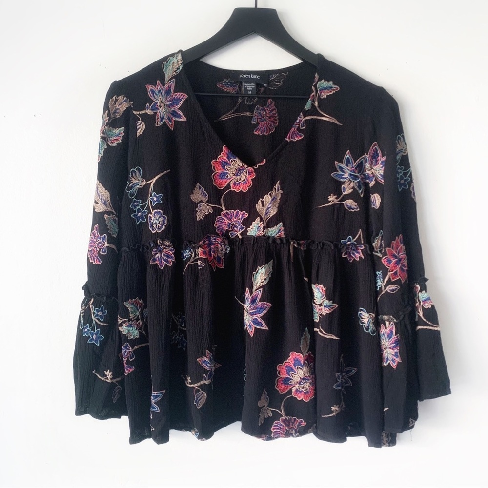 Karen Kane Black Floral Embroidered Boho Top